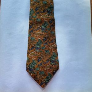 Salvador Ferragamo silk tie with leopards and palm trees in burnt sienna